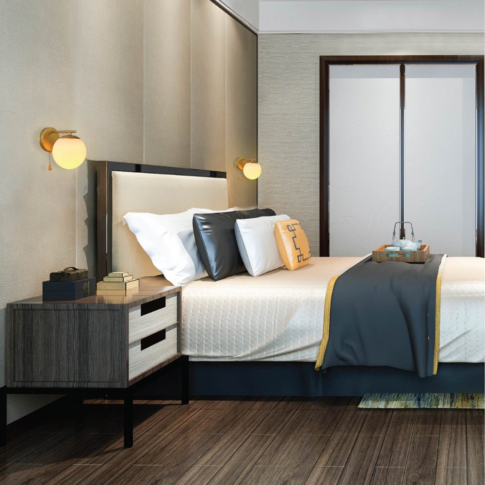 Interior application of Opal Globe Glass Gold Metal Body Vintage Retro Wall Light with Pull Down Switch E27 Fitting | TEKLED 151-19780