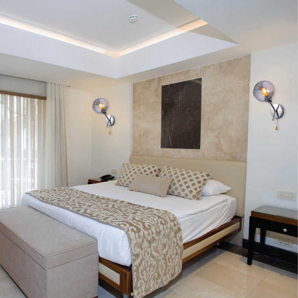 Interior application of Smoky Barrel Glass Chrome Metal Body Sputnik Modern Wall Light with Pull Down Switch E27 Fitting | TEKLED 151-19794