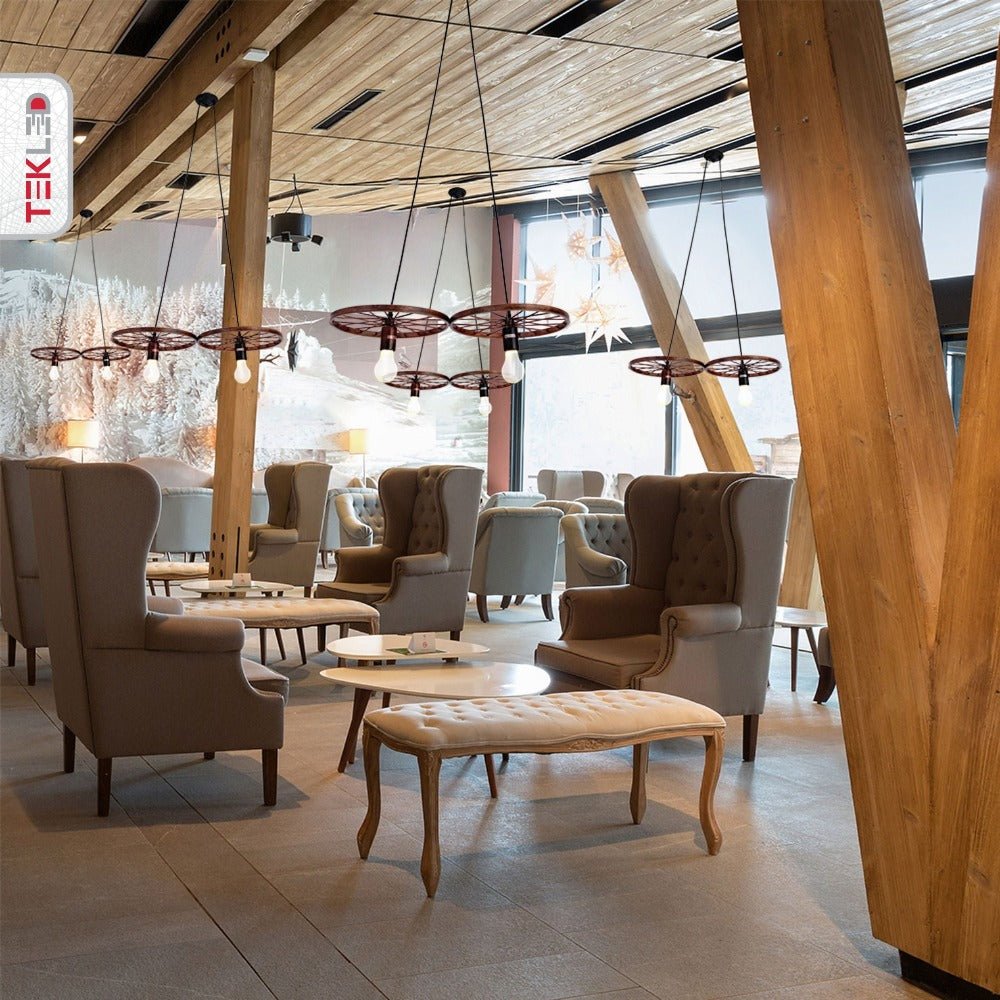 Interior application of Vintage Industrial Wagon Wheel Pendant Light with 2xE27 Fitting | TEKLED 158-17890