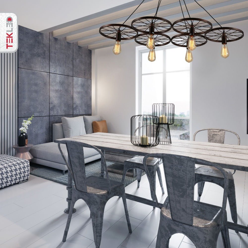 Interior application of Vintage Industrial Wagon Wheel Pendant Light with 6xE27 Fitting | TEKLED 158-17896