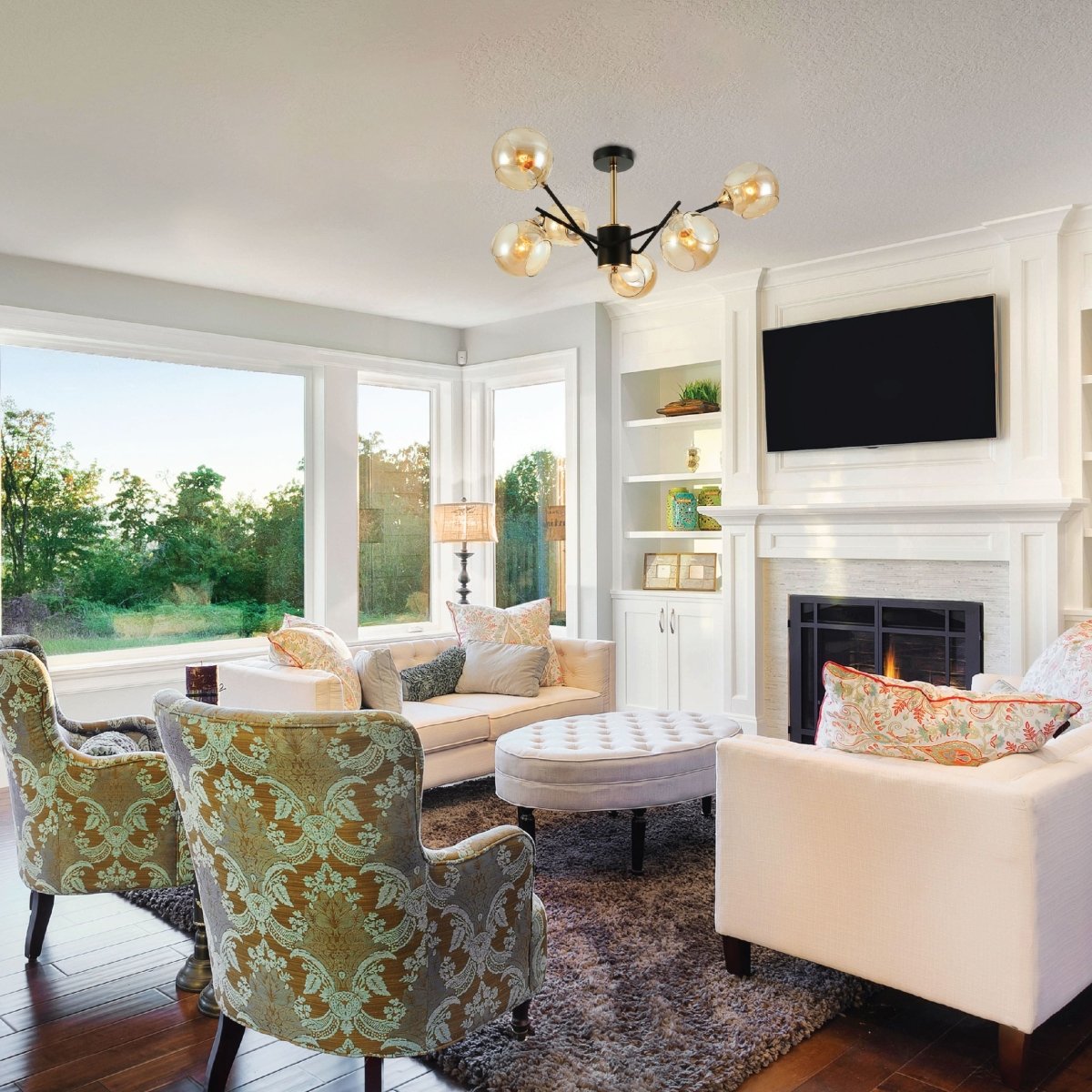 Interior use of Amber Cut-out Globe Glass Black Gold Metal Sputnik Semi Flush Ceiling Light | TEKLED 159-17196