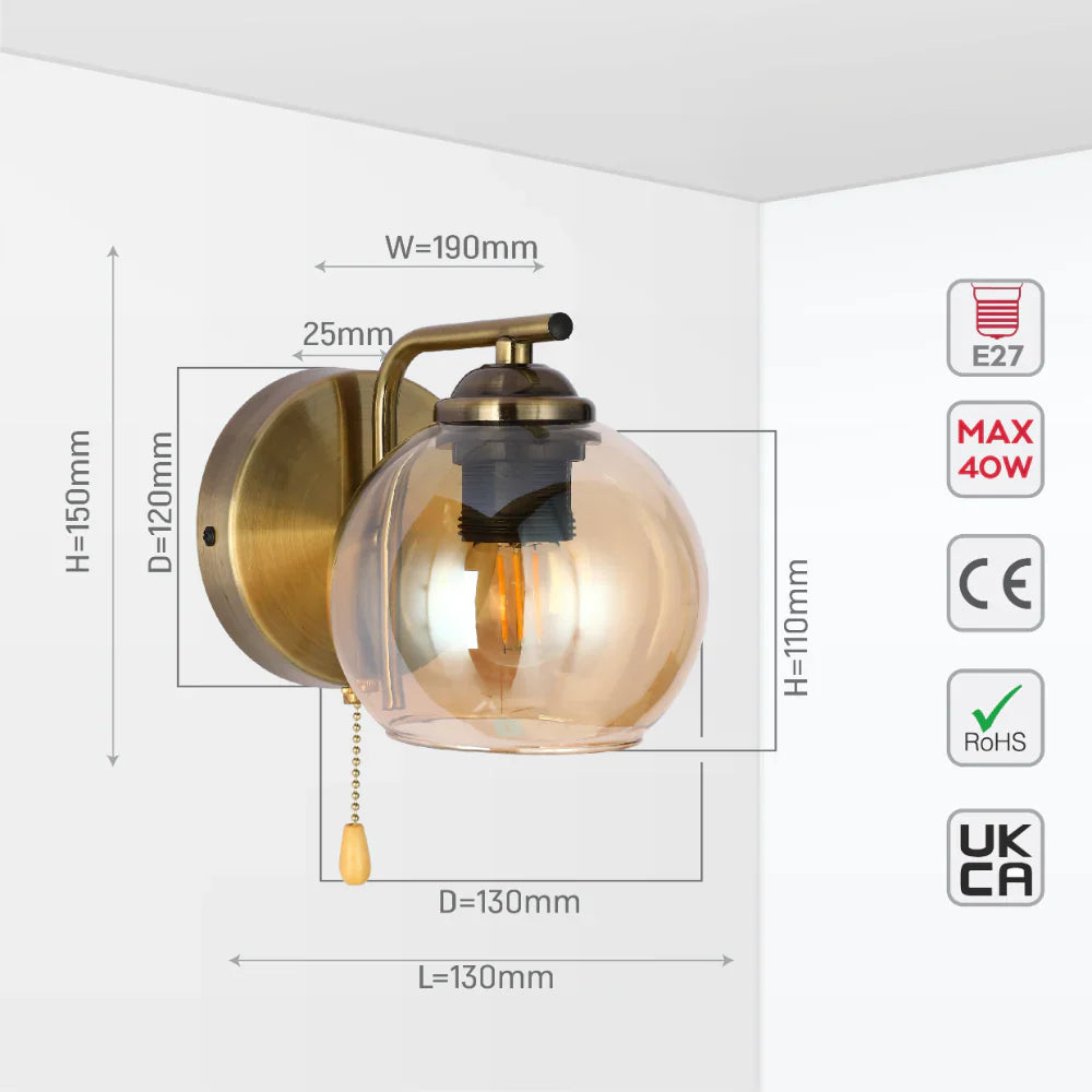 L-Shape Dome Glass Wall Light E27 with Pull Down Switch 7