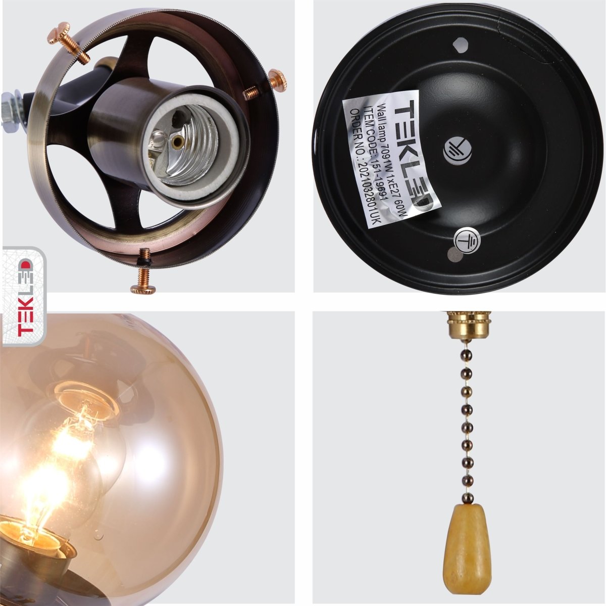 Detailed photo of amber glass antique brass and black globe wall light e27 and pull down switch