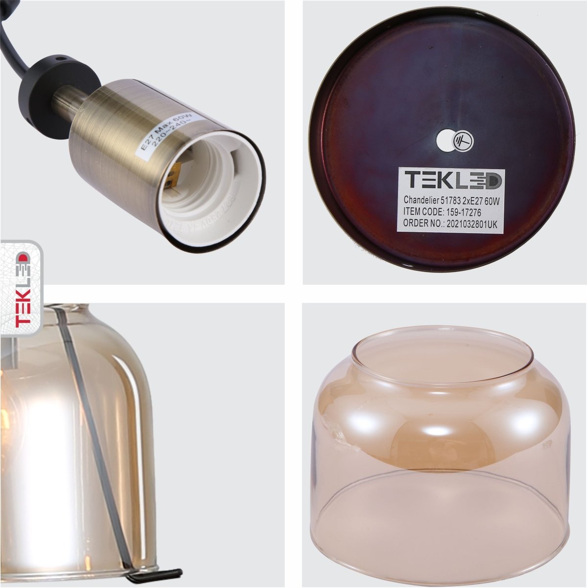 Detailed photo of amber glass black and antique brass suspended ceiling light 2xe27