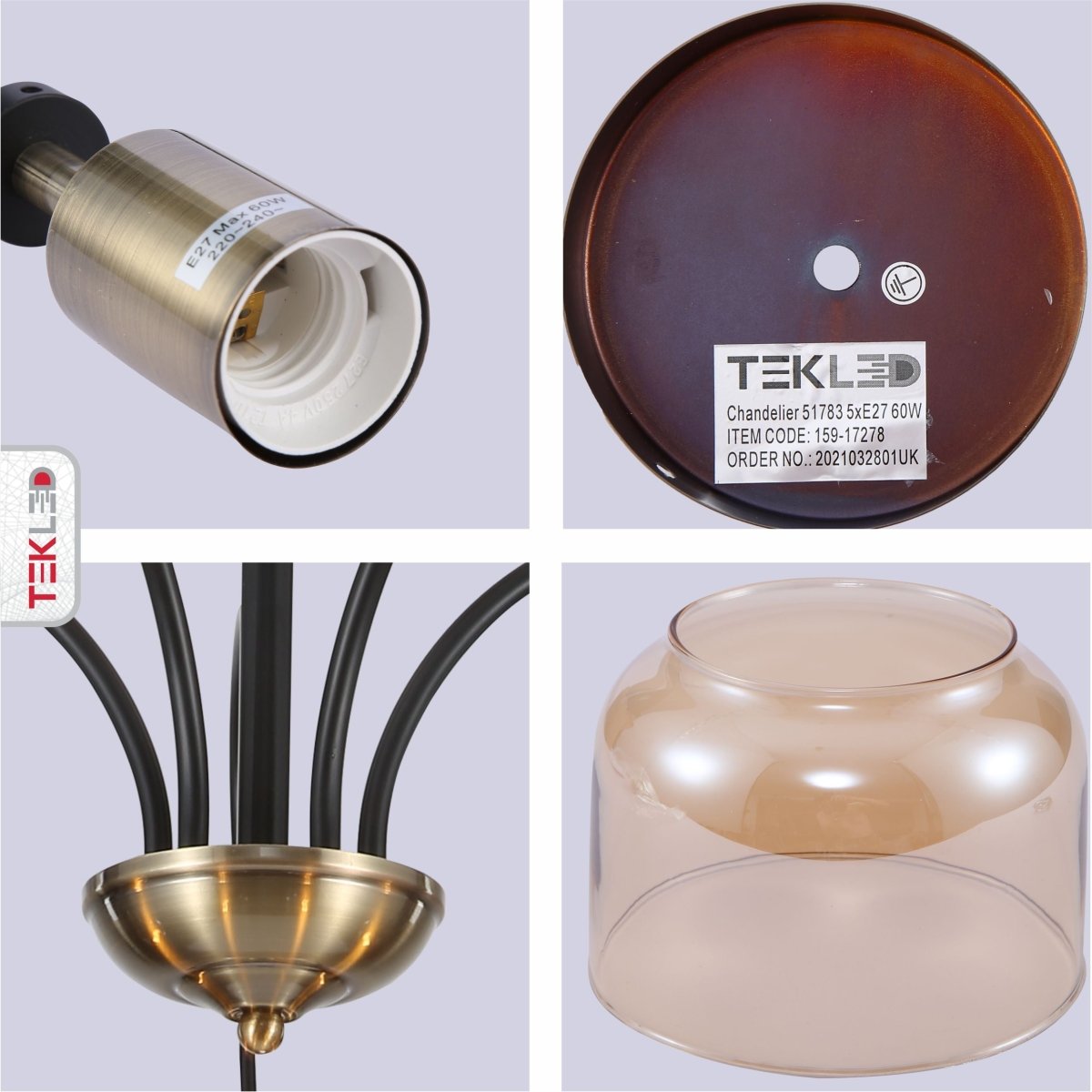 Detailed photo of amber glass black and antique brass suspended ceiling light 5xe27