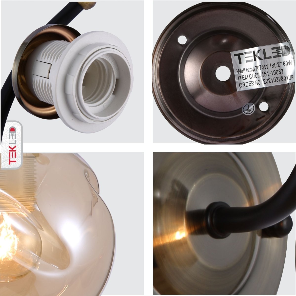 Detailed photo of amber glass black and antique brass wall light e27 and pull down switch