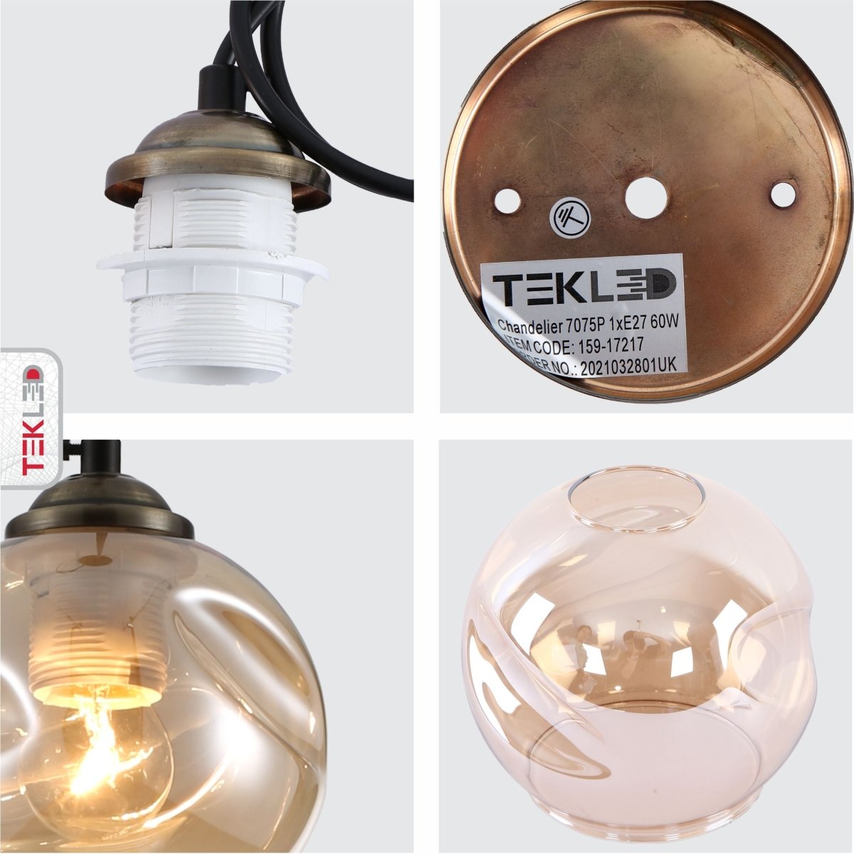 Detailed photo of amber glass dome antique brass metal pendant light e27