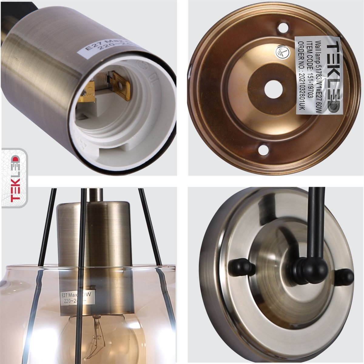 Detailed photo of amber glass pendant wall light e27 and pull down switch