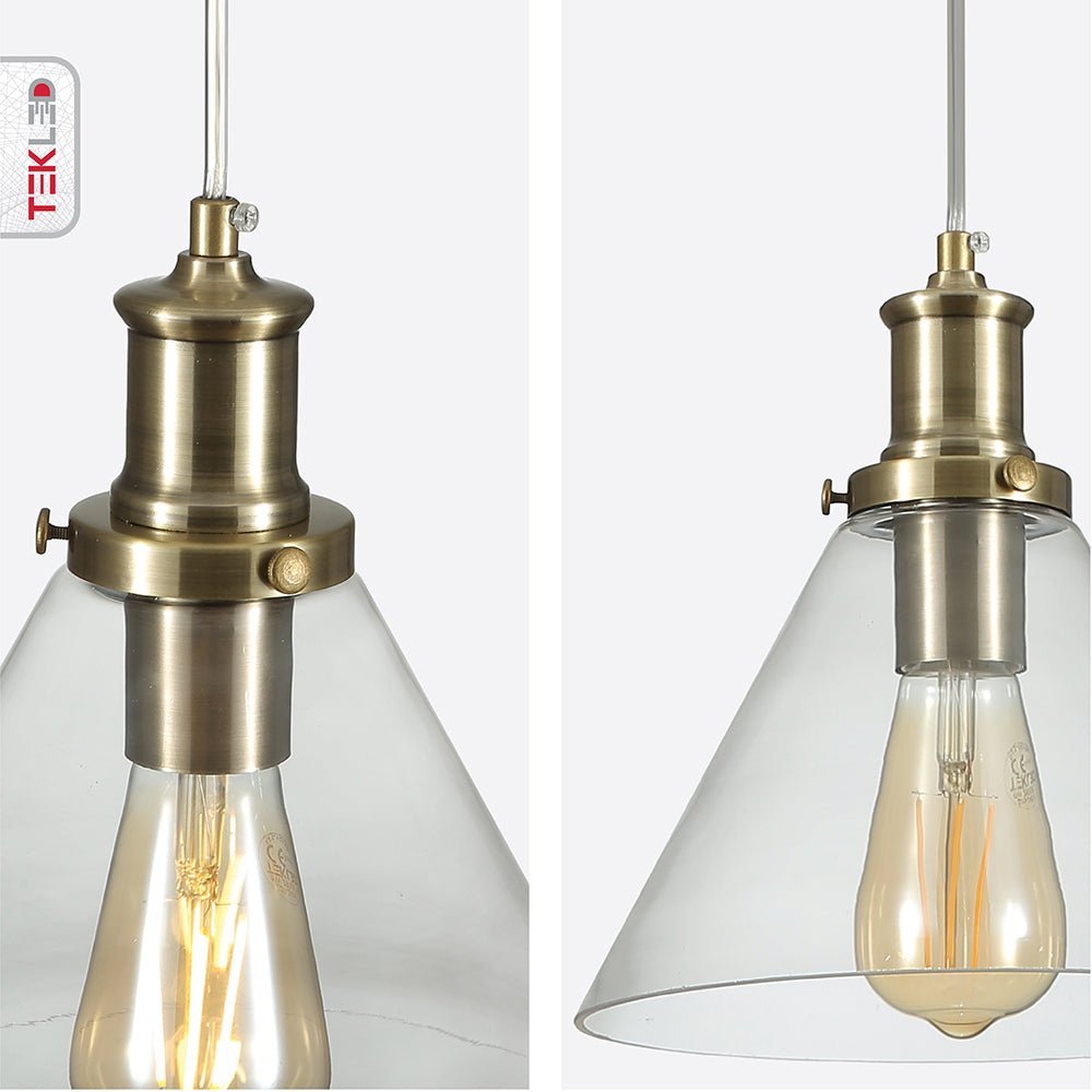 Detailed photo of antique brass metal clear glass funnel pendant light with e27 fitting