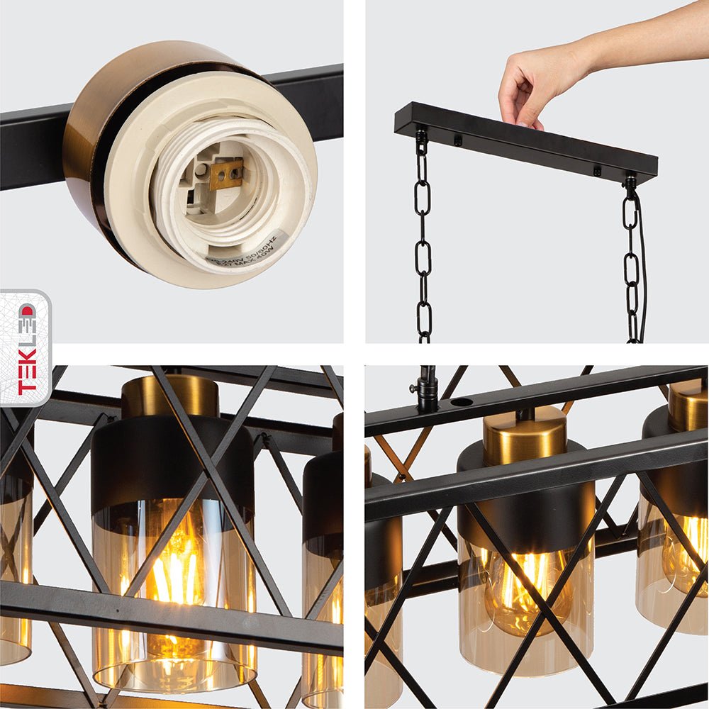 Detailed photo of black cuboid metal amber cylinder glass island chandelier with 4xe27 fitting