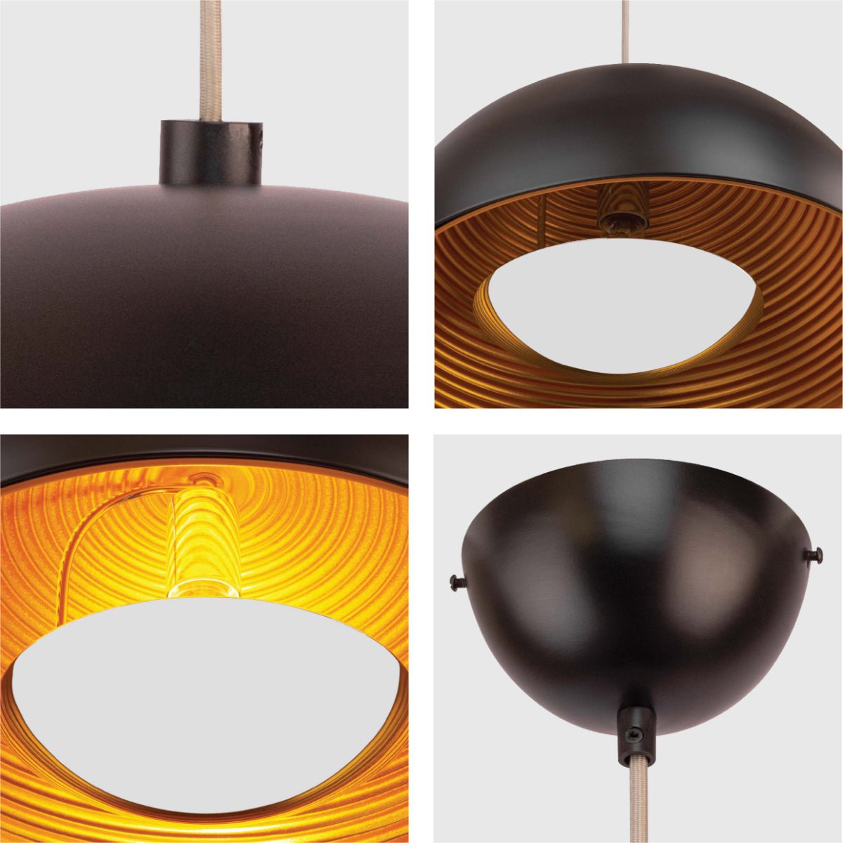 Detailed shots of Black-Golden Metal Dome Pendant Ceiling Light with E27 | TEKLED 150-15003