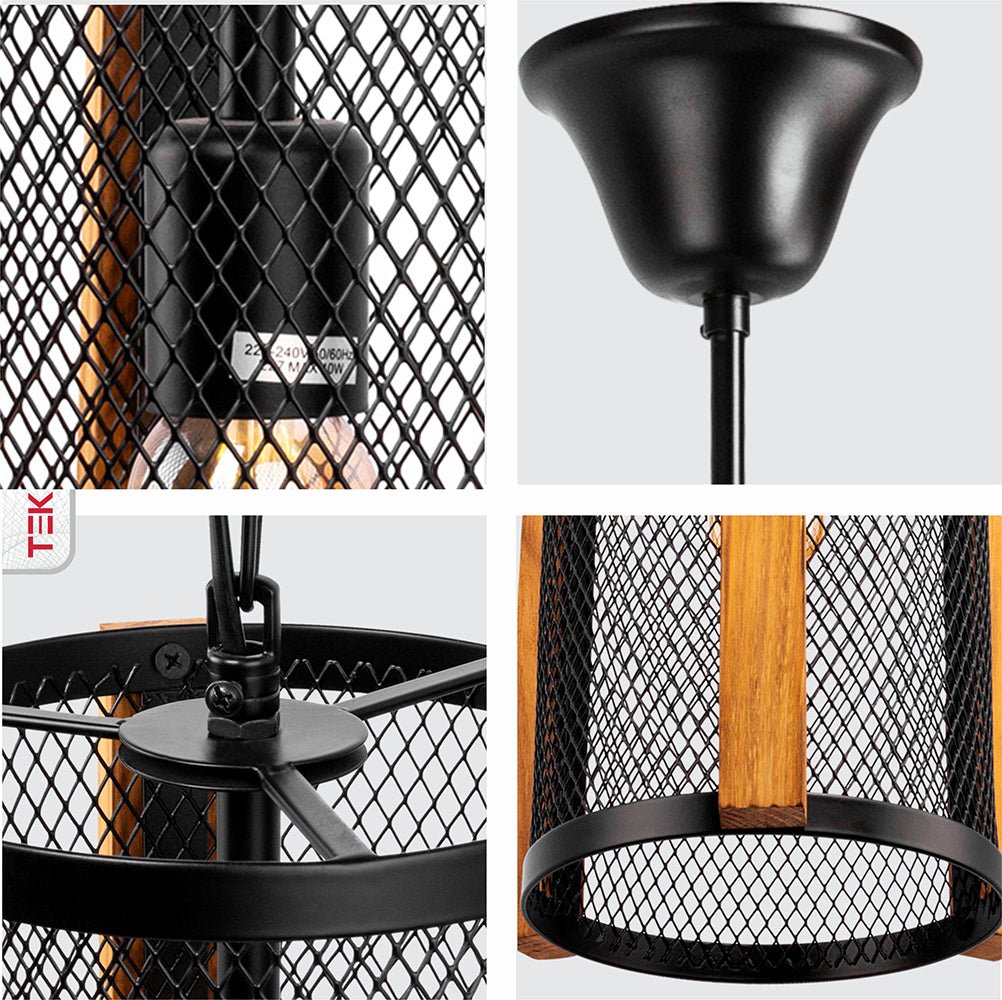 Detailed photo of black metal wood cylinder pendant light with e27 fitting