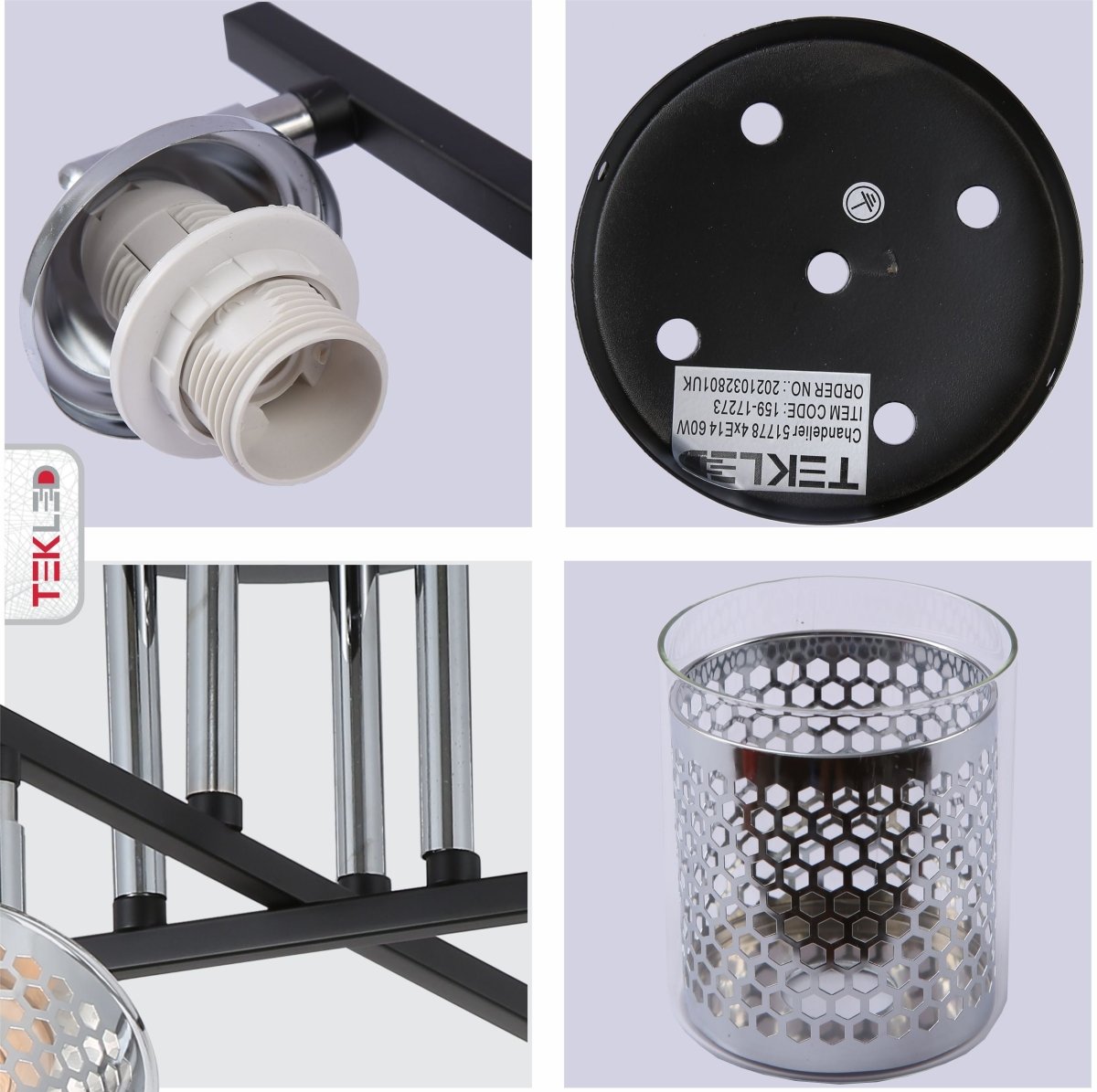 Detailed photo of chrome honeycomb black chrome body semi flush ceiling light 4xe14