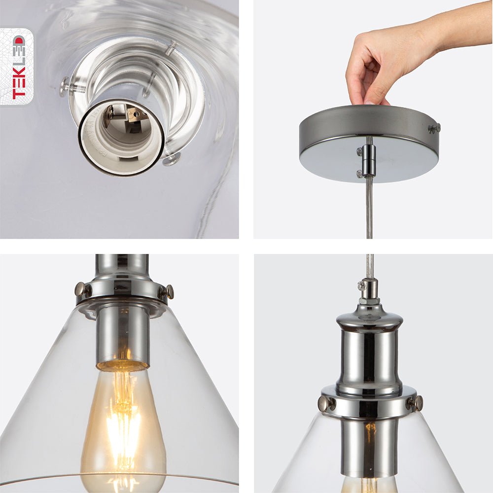 Detailed photo of chrome metal clear glass funnel pendant light with e27 fitting