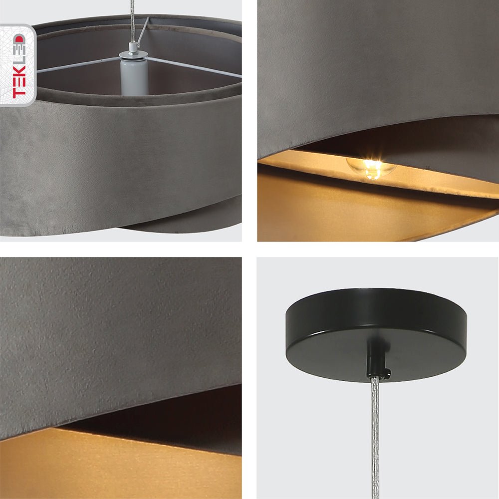 Detailed photo of grey fabric cylinder pendant light with e27 fitting