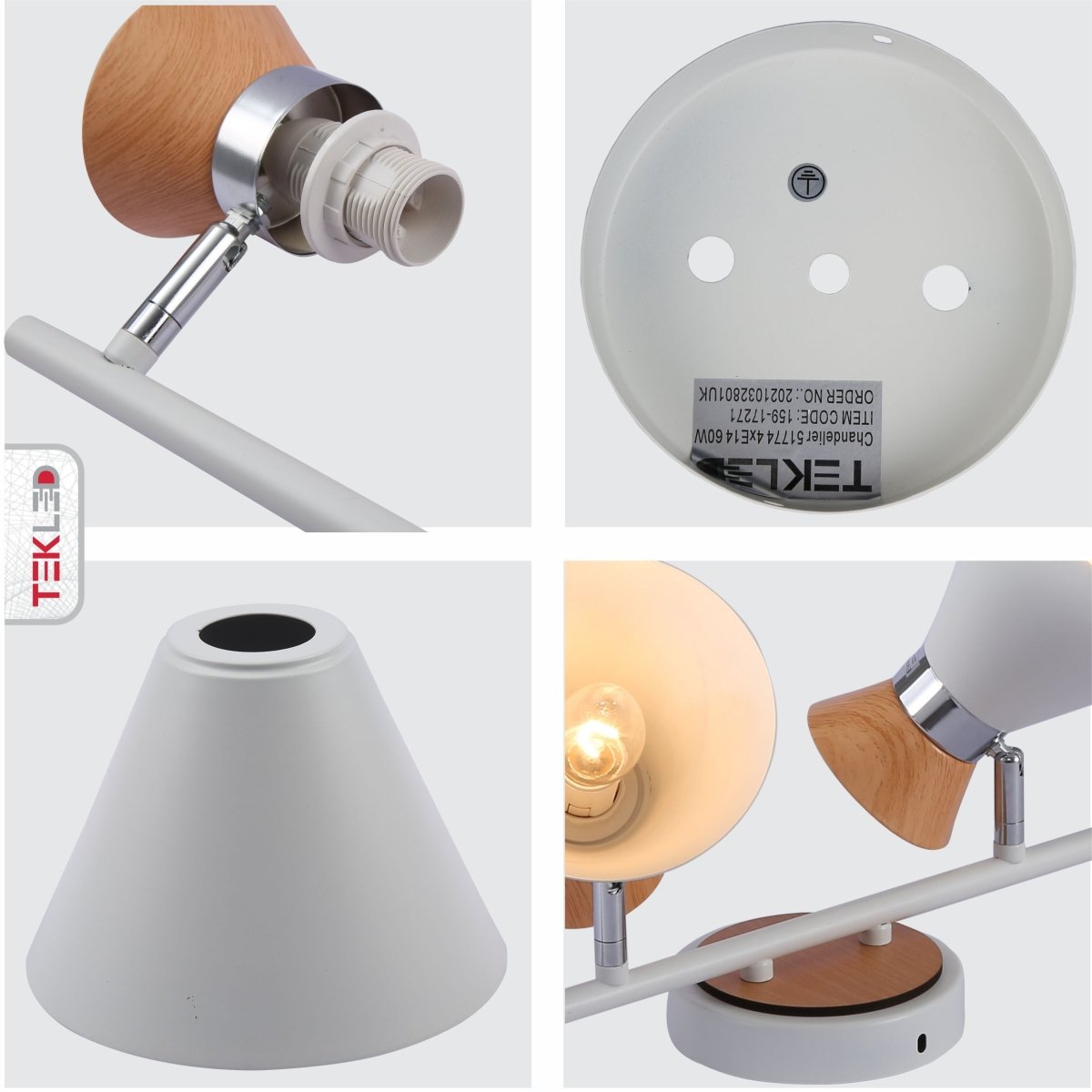 Detailed photo of white metal wood funnel semi flush ceiling light 4xe14