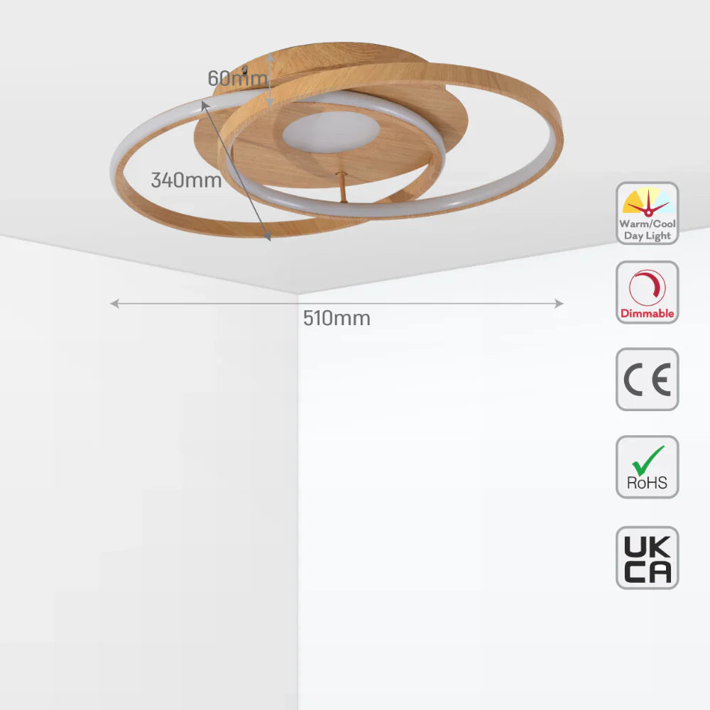 Size and specs of LED Crossing Circles Wood Finishing 34W CCT Change Dimmable Contemporary Nordic Scandinavian Flush Ceiling Light with Remote Control | TEKLED 154-17260
