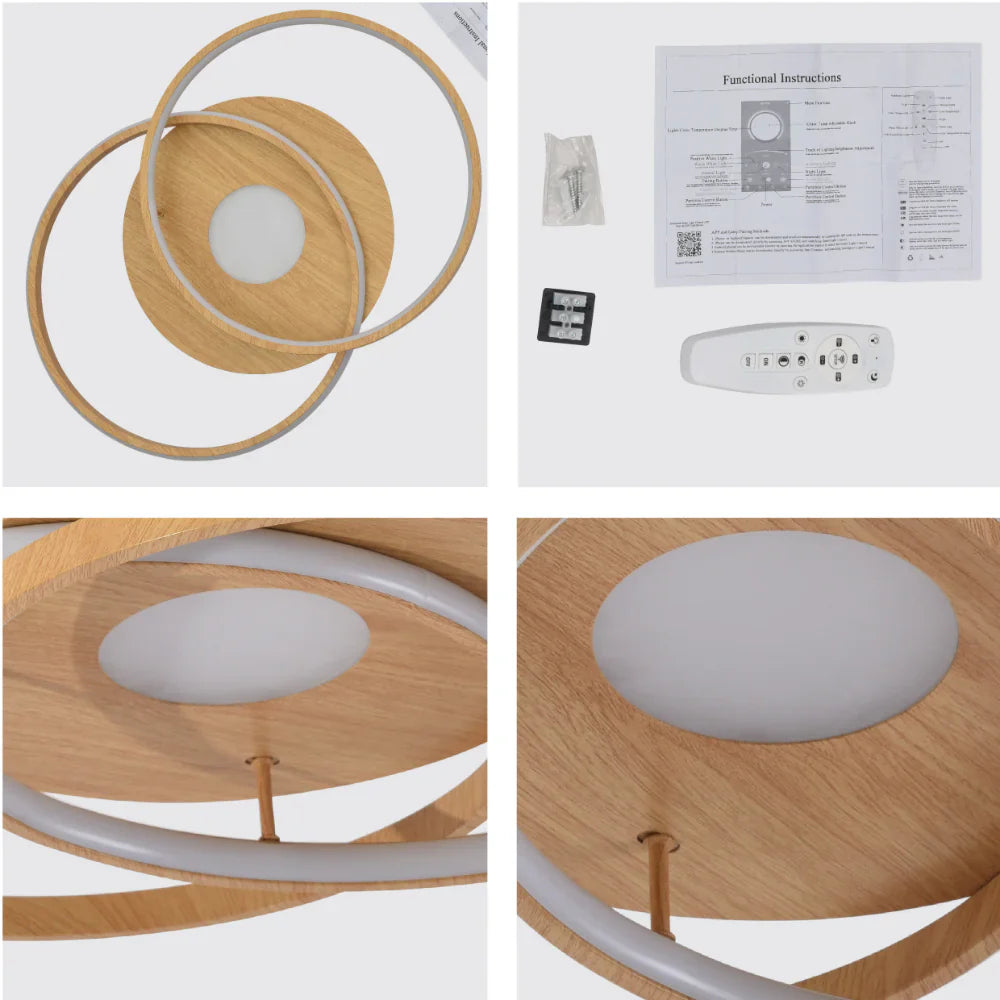 LED Circles Wood Finishing 34W CCT Change Dimmable Contemporary Nordic Scandinavian Flush Ceiling Light with Remote Control 12