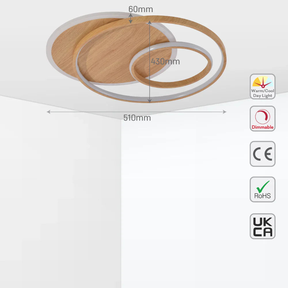 Size and specs of LED Circle in Circle Wood Finishing 34W CCT Change Dimmable Contemporary Nordic Scandinavian Flush Ceiling Light with Remote Control | TEKLED 154-17262