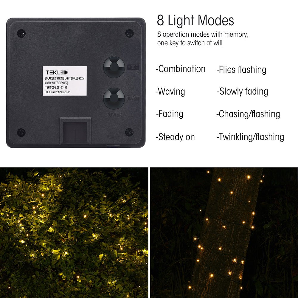8 light modes of Canopus Solar 200 LEDs 22m Warm White LED String Light