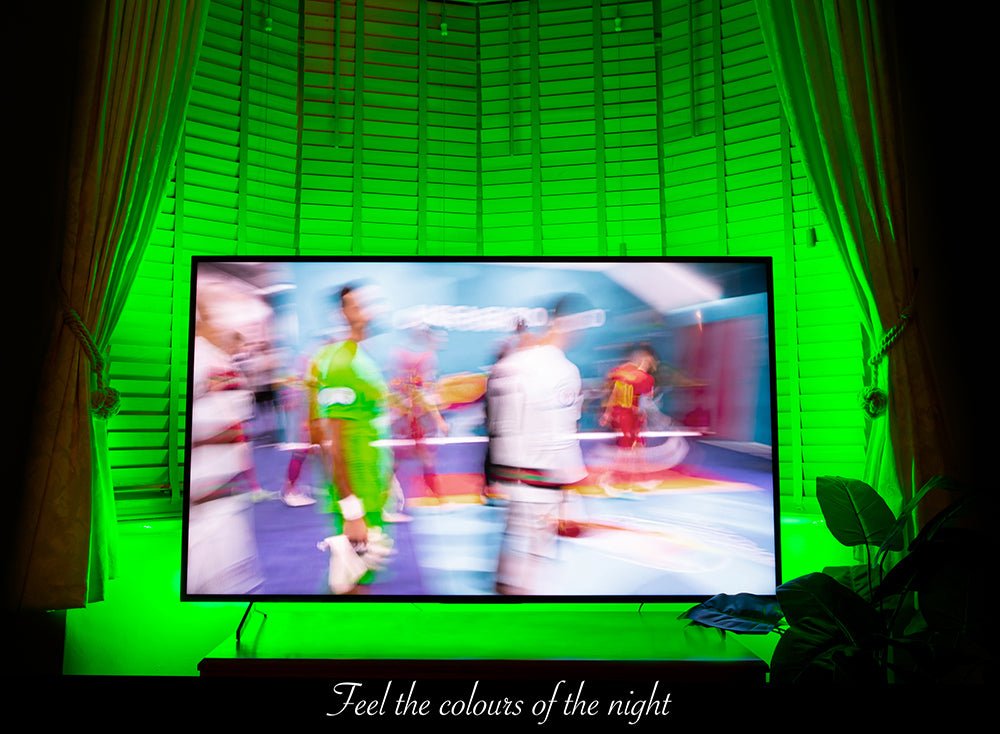 Suggested use in living room of  Holiday 5m Smart RGB LED Strip Light 150 LEDs SMD5050 DC12V IP20 25W 2A Adaptor Wi-Fi Alexa Google Assistant Music with Remote controler