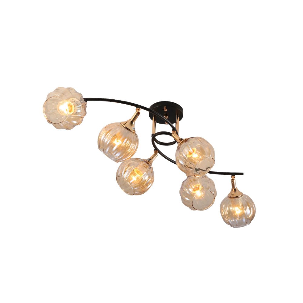 Main image of Amber Reeded Globe Glass Black Gold Metal Body Vintage Retro Semi Flush Ceiling Light with 6xE27 Fittings | TEKLED 159-17734
