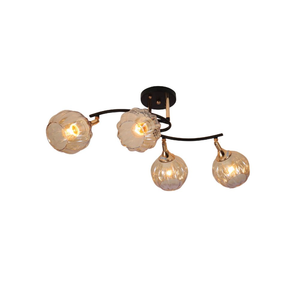Main image of Amber Reeded Globe Glass Black Gold Metal Body Vintage Retro Semi Flush Ceiling Light with E27 Fittings | TEKLED 159-17732