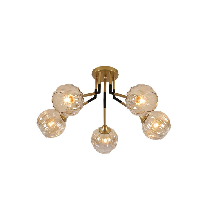 Main image of Amber Reeded Globe Glass Gold Metal Vintage Retro Semi Flush Ceiling Light with 5xE27 Fittings | TEKLED 159-17662
