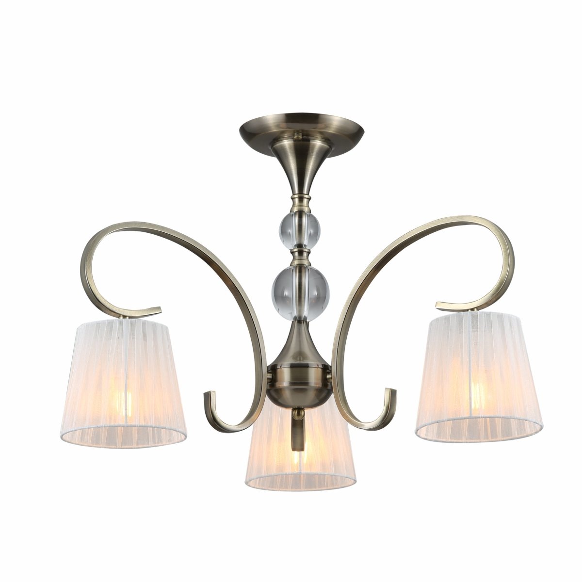 Main image of Antique Brass Metal Body Rice White Fabric Shade Vintage Traditional Retro Semi Flush Ceiling Light with 3xE27 Fitting | TEKLED 159-17818