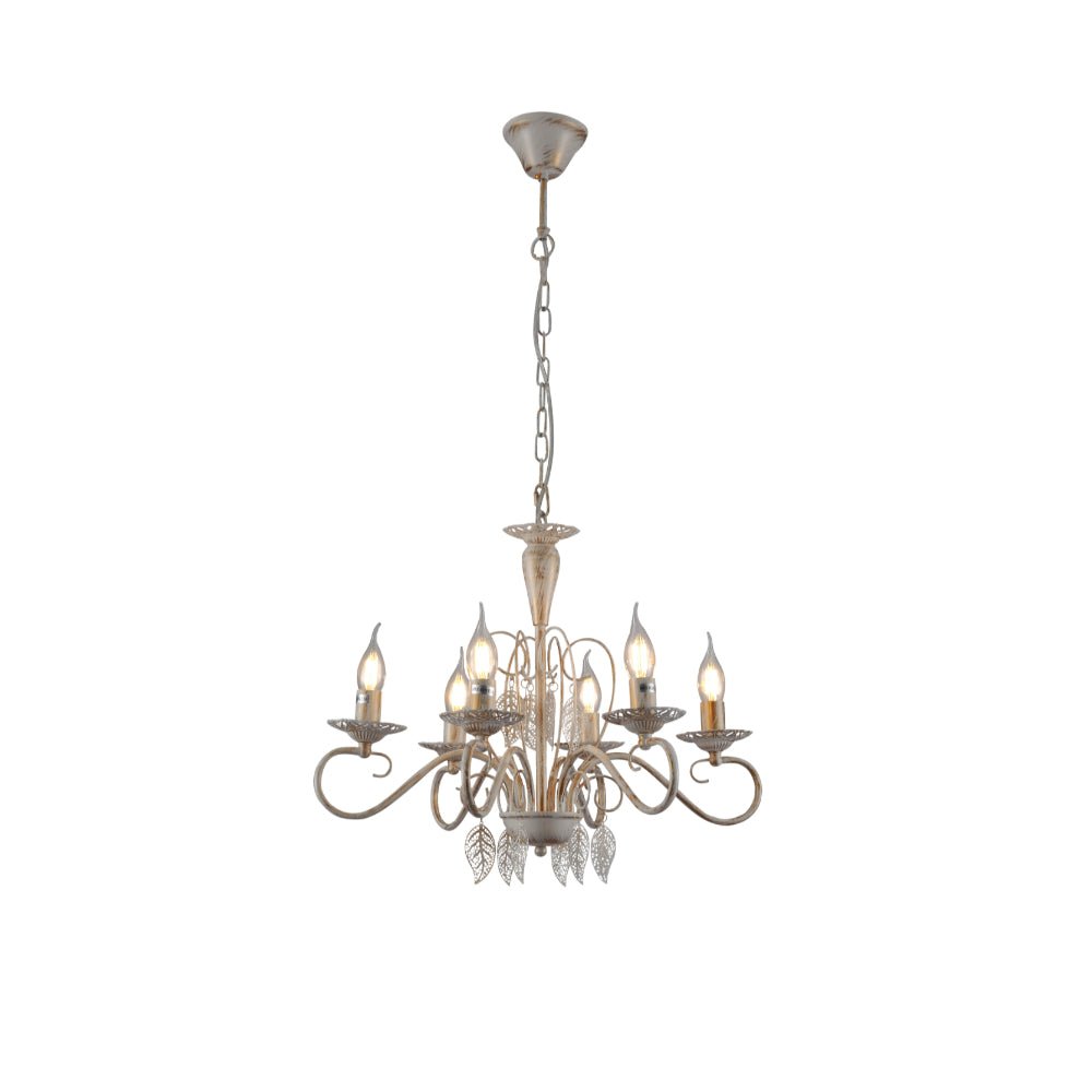 Main image of Candle French Mediterian Leaf Traditional Vintage Gold Patinated White Ceiling Light with 6xE14 Fittings | TEKLED 158-19096