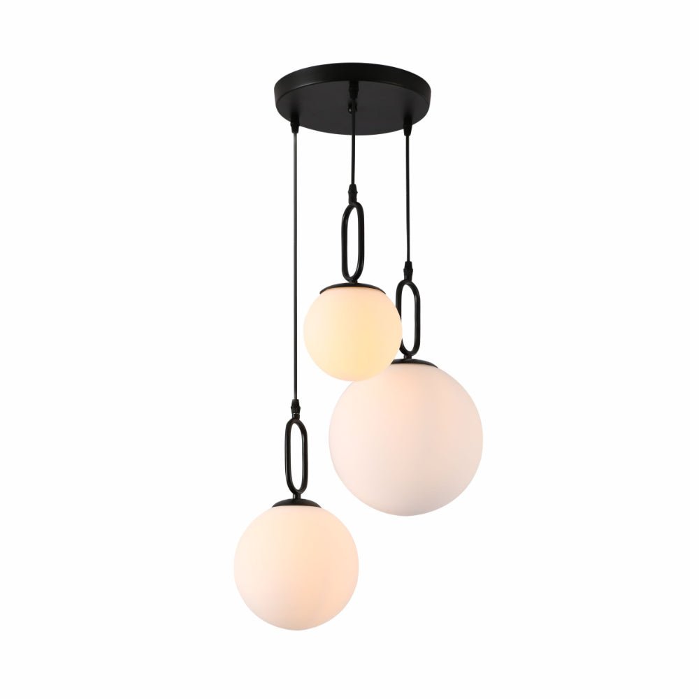 Main image of Opal Glass Globes Black Handle 3 Pendant Ceiling Light with E27 Fittings | TEKLED 156-19540
