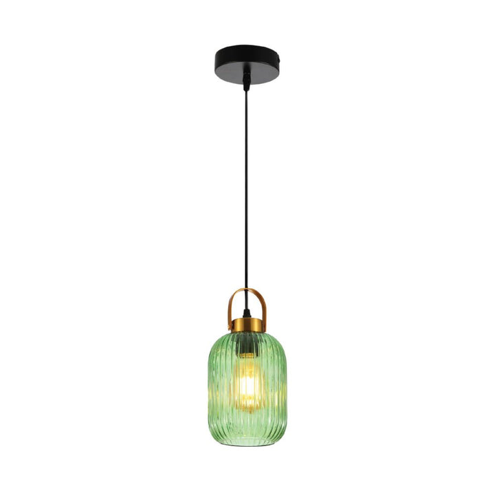 Main image of Sawyer Ribbed Fluted Reeded Maloto Lantern Green Glass Pendant Ceiling Light E27 Gold Handled  | TEKLED 150-18704