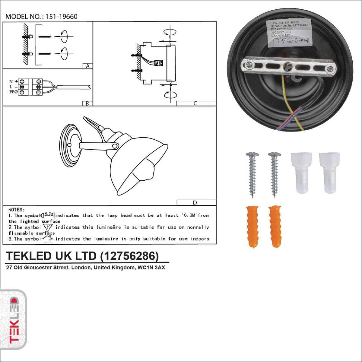 User manual for Black Metal Hinged Dome Wall Light with E27 Fitting