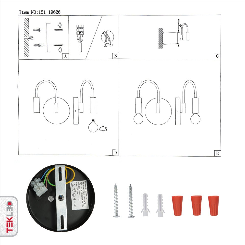 User manual and installation tools of Matte Black Swan Wall Light with E14 Fitting