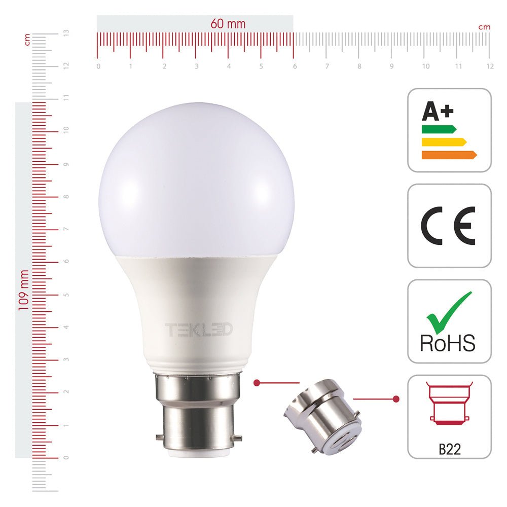 Visual representation of product measurement and certification of leo led gls bulb a60 b22 bayonet cap 7w 4000k cool white pack of 6/10 2700k warm white