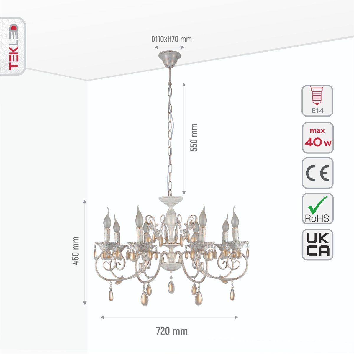 Size and specs of Amber Crystals Rice White with Gold Brushed Metal 8 Arm Chandelier with E14 Fitting | TEKLED 158-17852