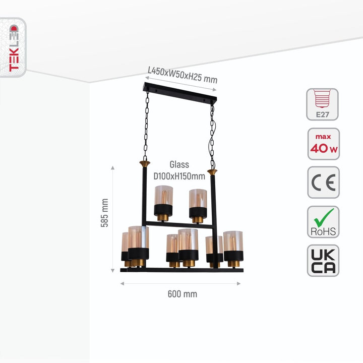 Size and specs of Amber Cylinder Glass Black Metal Chandelier with 8xE27 Fitting | TEKLED 158-19586