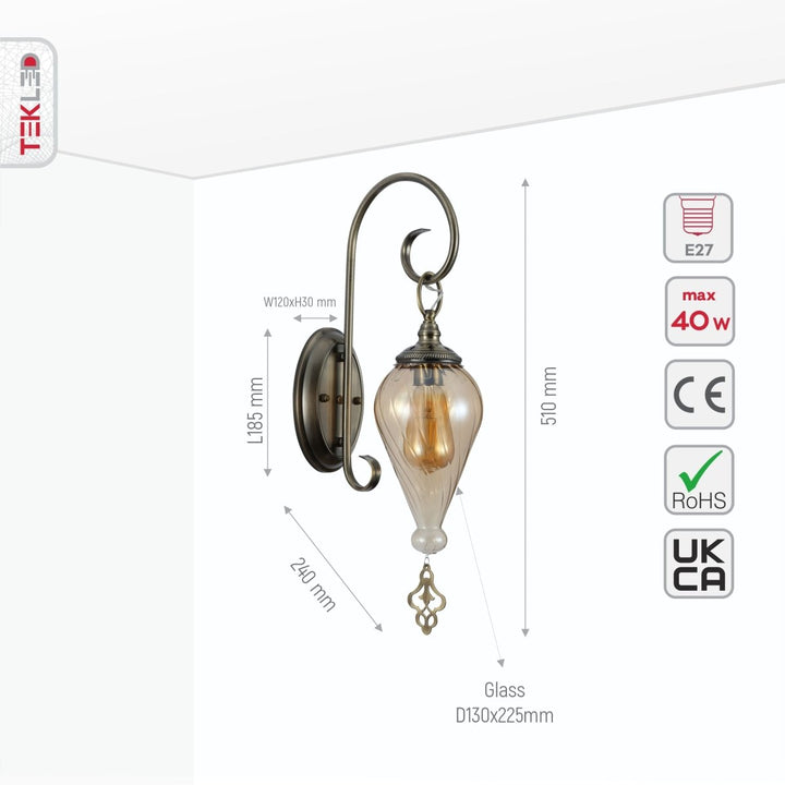 Size and specs of Amber Glass Antique Bronze Metal Body Moroccan Style Wall Light with E27 Fitting | TEKLED 151-19452