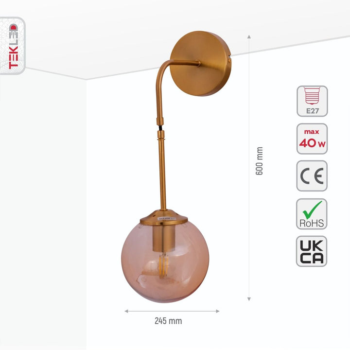 Size and specs of Amber Glass Gold Metal Pendant Wall Light with E27 Fitting | TEKLED 151-19730