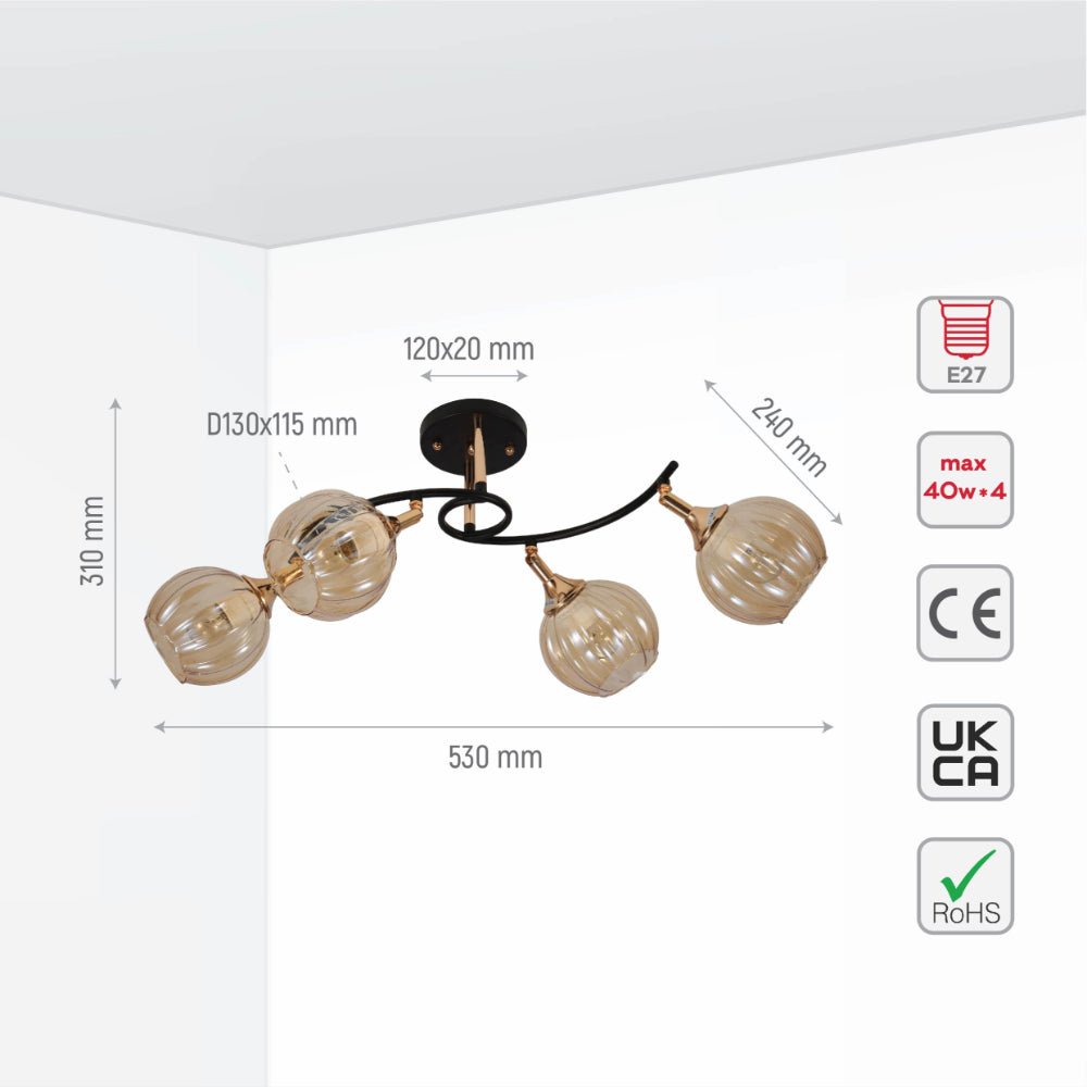 Size and specs of Amber Reeded Globe Glass Black Gold Metal Body Vintage Retro Semi Flush Ceiling Light with E27 Fittings | TEKLED 159-17732