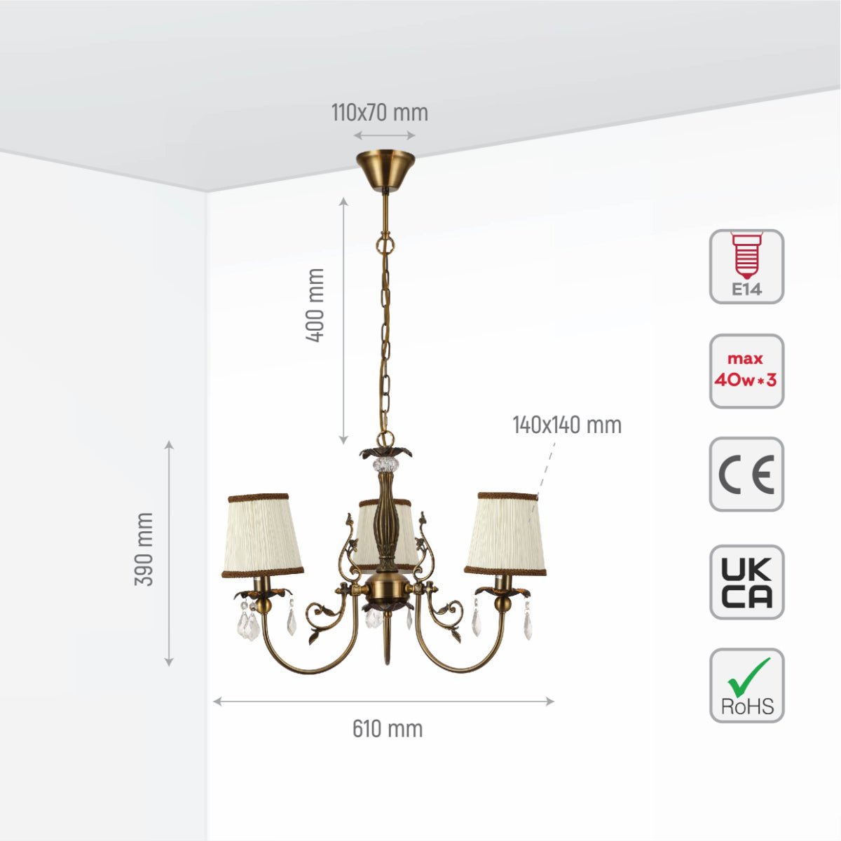 Size and specs of Antique Brass Finishing Metal Body Off White Shade Candle Vintage Crystal Ceiling Light with E14 | TEKLED 156-18200