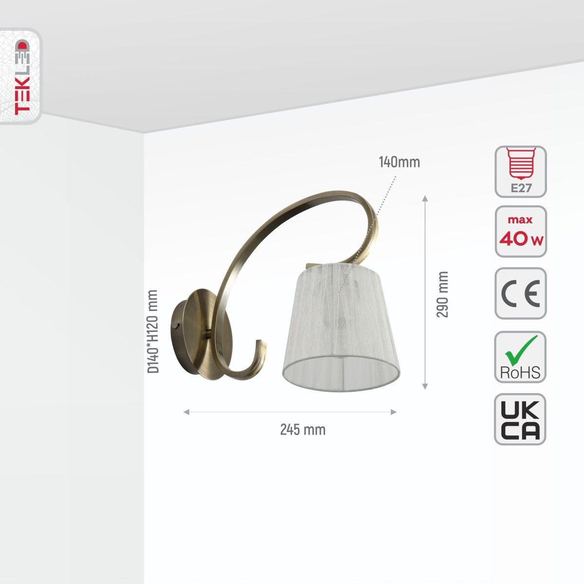 Size and specs of Antique Brass Metal Body Rice White Fabric Shade Lantern Vintage Traditional Retro Wall Light with E27 Fitting | TEKLED 151-19812