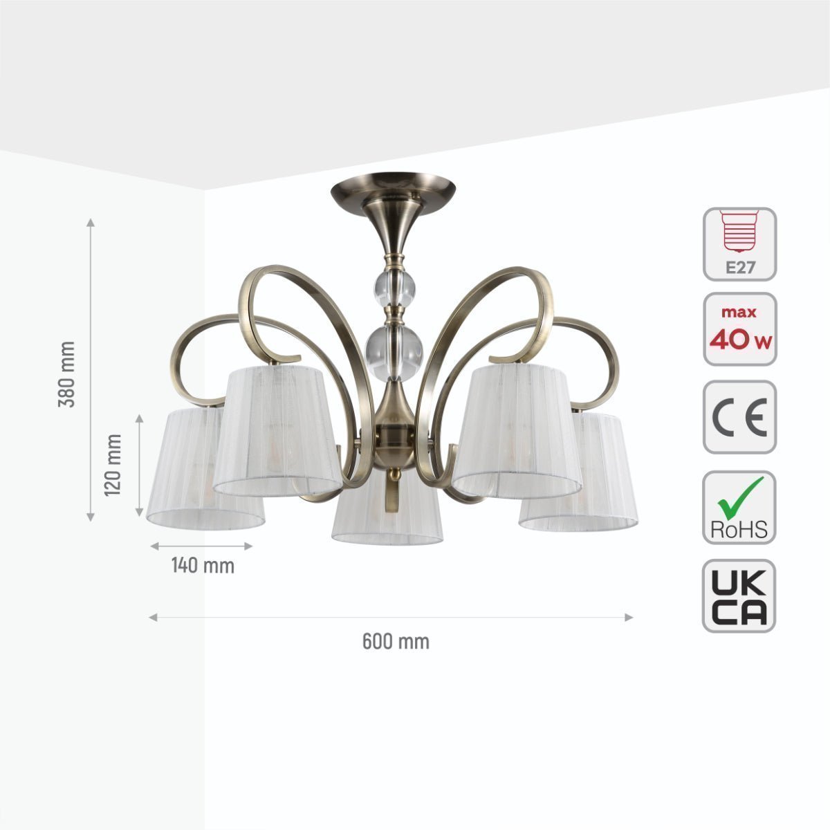 Size and specs of Antique Brass Metal Body Rice White Fabric Shaded Vintage Traditional Retro Ceiling Chandelier Light E27 159-178205