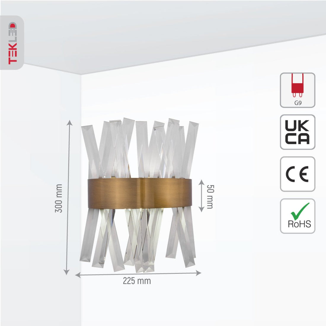 Size and specs of Antique Bronze Metal Coffin Crystal Wall Light with G9 Fitting | TEKLED 151-19528