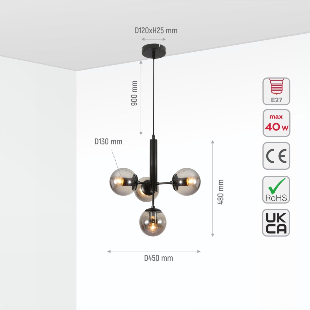 Size and specs of Atom Model Smoky Globe Glass Black Metal Body Chandelier Ceiling Pendant Light with 4xE27 | TEKLED 159-17408