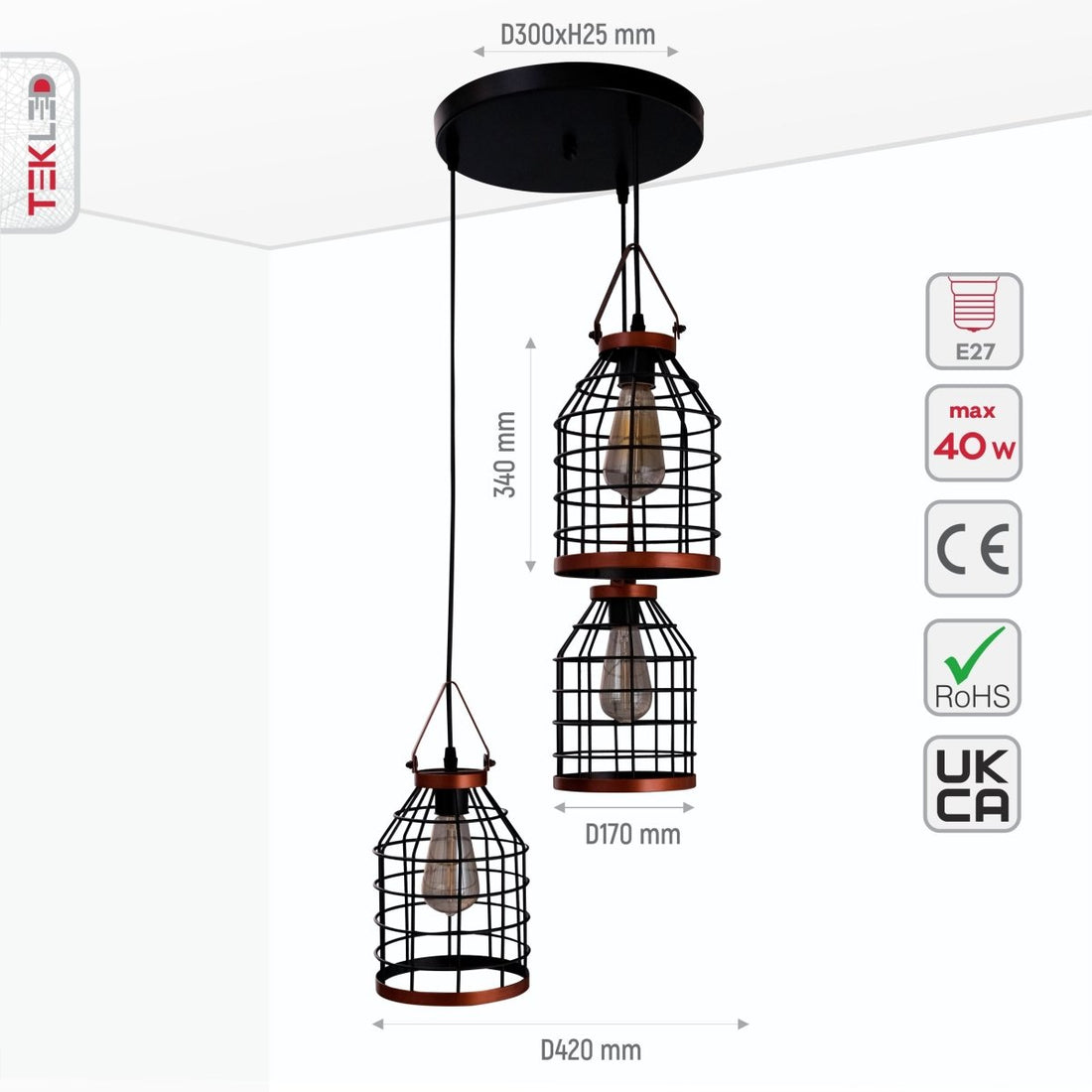 Size and specs of Black Cage Metal Pendant Light with 3xE27 Fitting | TEKLED 156-19516