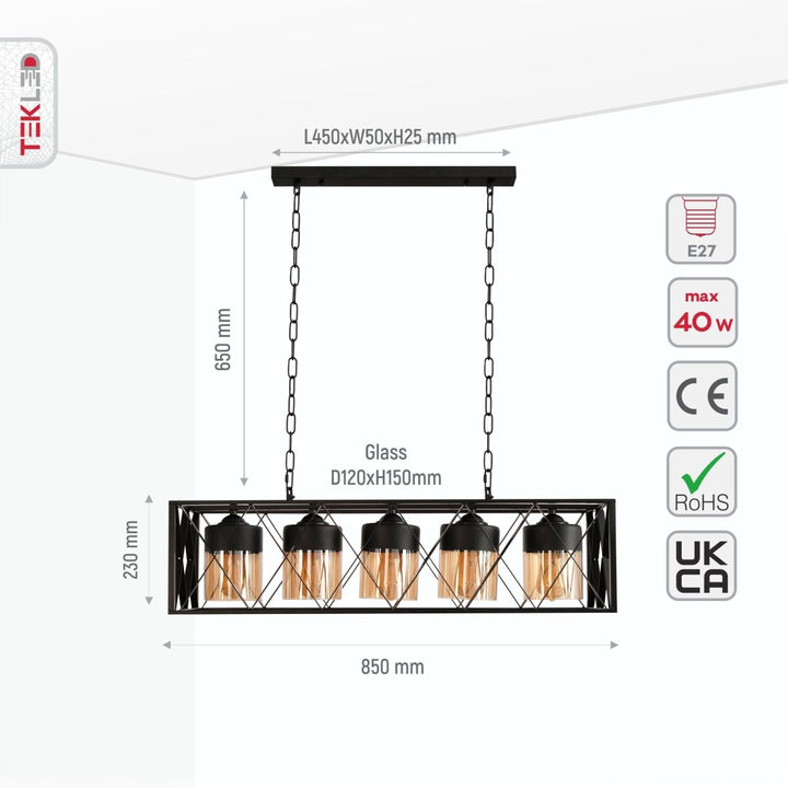 Size and specs of Black Caged Metal Amber Cylinder Glass Island Chandelier with 5xE27 Fitting | TEKLED 158-19580