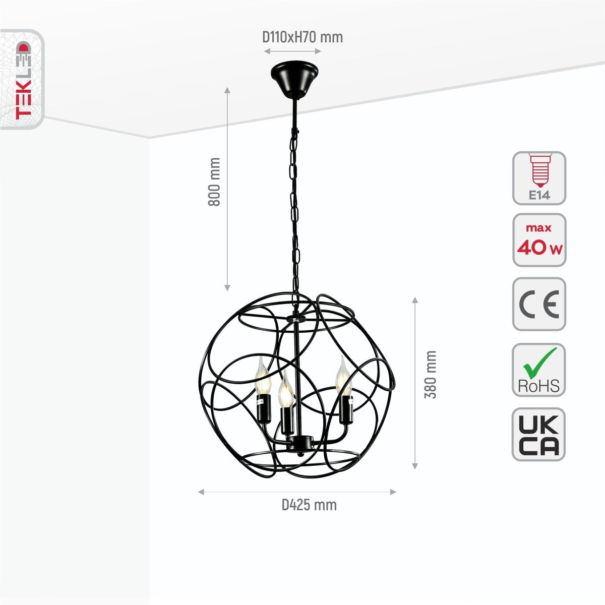 Size and specs of Black Globe Cage Pendant Chandelier Light with 3xE14 Fittings | TEKLED 159-17446