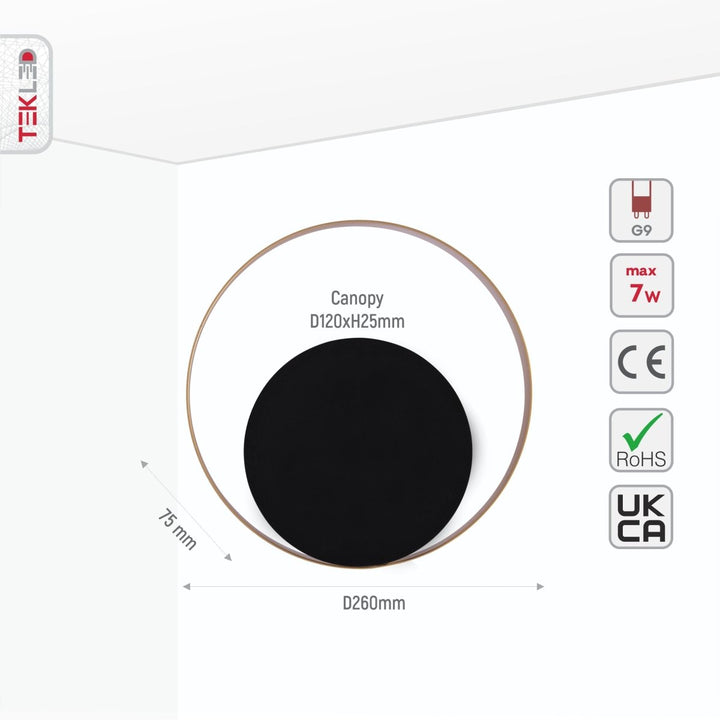 Size and specs of Black Gold Metal Flat Wall Light with G9 Fitting | TEKLED 151-19732