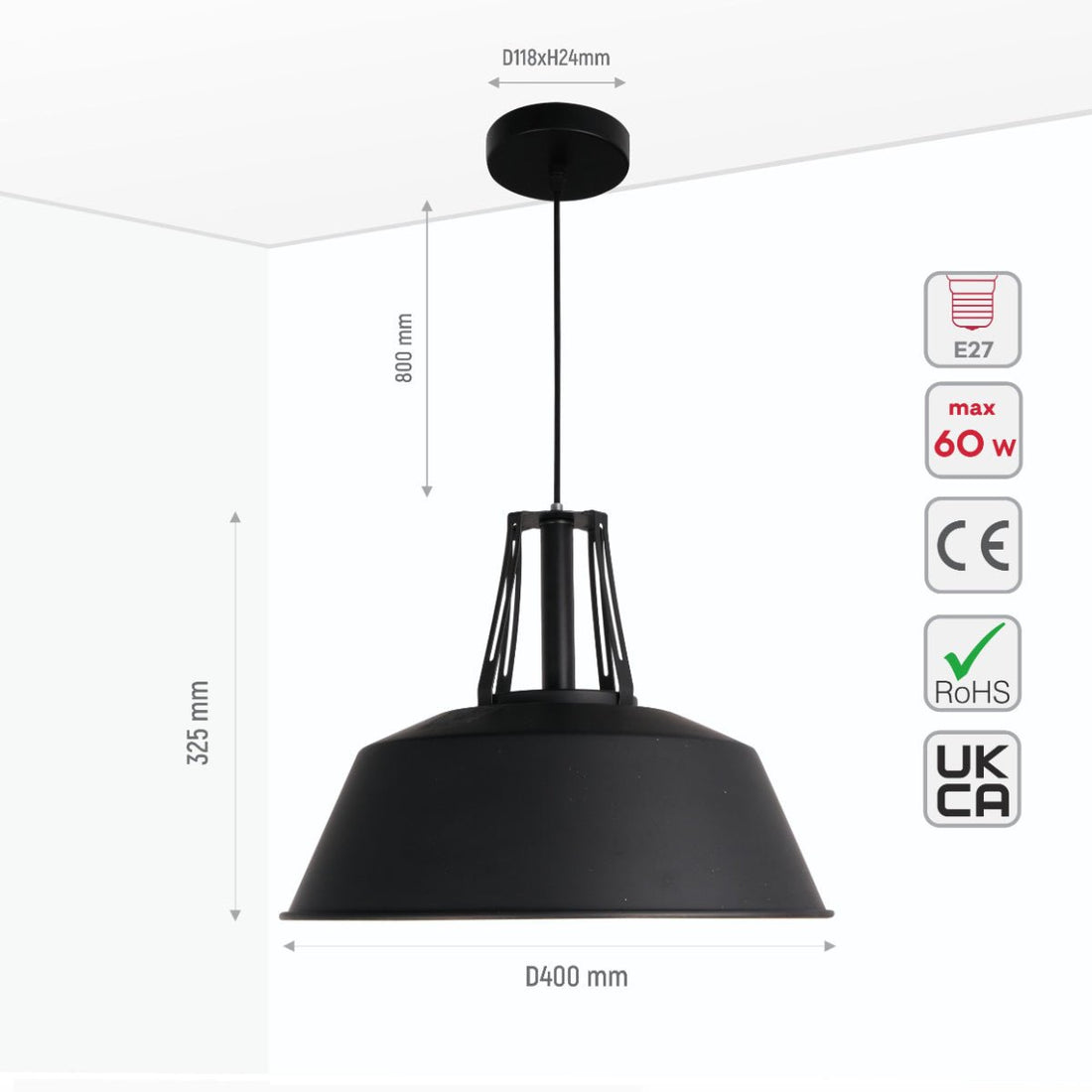 Size and specs of Black Metal Step Pendant Ceiling Light X Large with E27 | TEKLED 150-18113